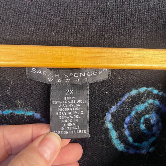 Sarah Spencer Lambswool Knit Swirl Artsy Cardigan Sweater Black Blue Size 2X - Picture 7 of 9